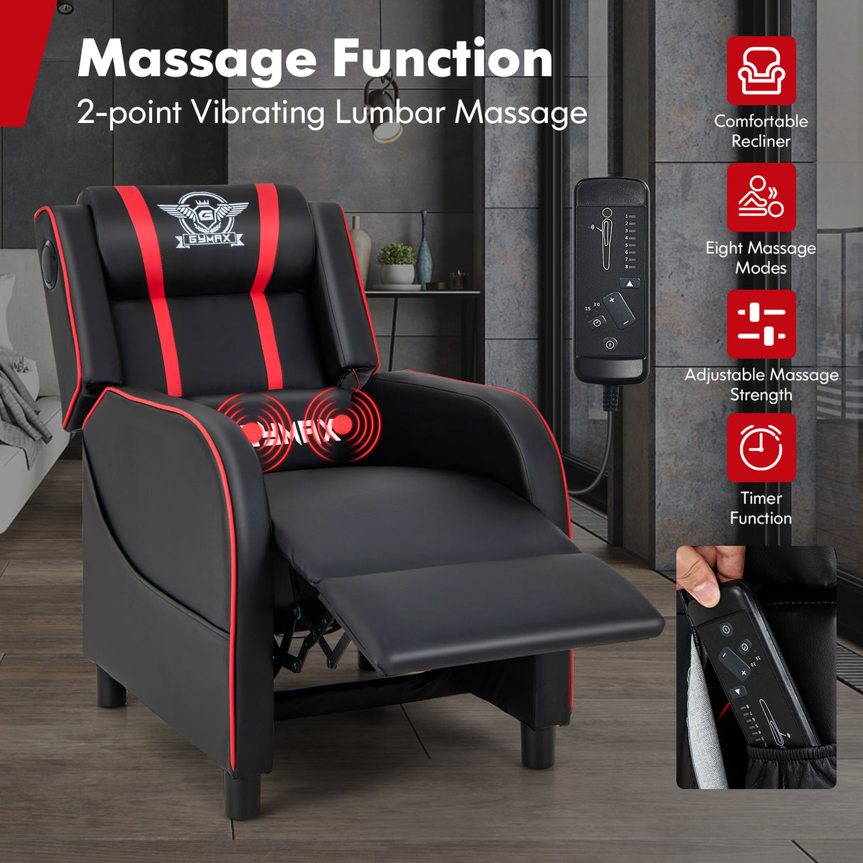 PU Leather Massage Gaming Recliner Chair with Side Pockets-Red