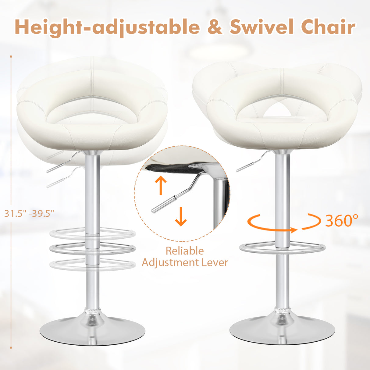Height Adjustable Bar Stools Set of 2 with Hollow Back and Footrest