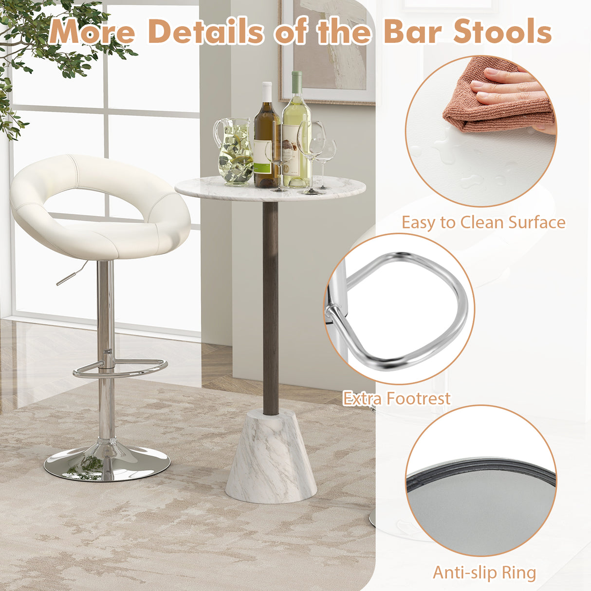 Height Adjustable Bar Stools Set of 2 with Hollow Back and Footrest