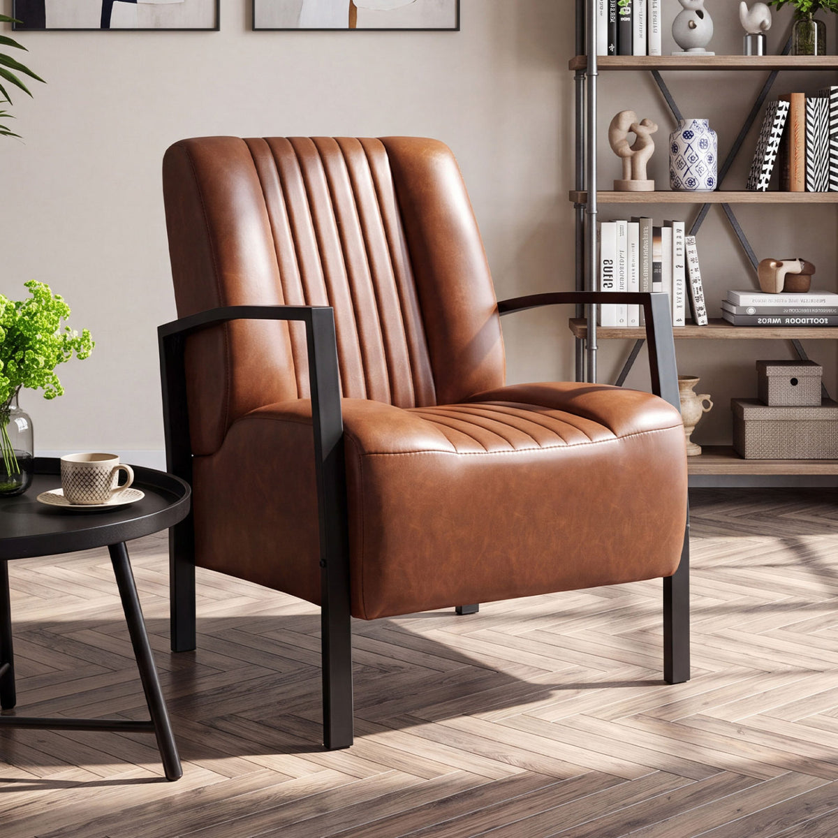 PU Leather Upholstered Armchair with Padded Seat and Back Comfy Lounge Reading Chair