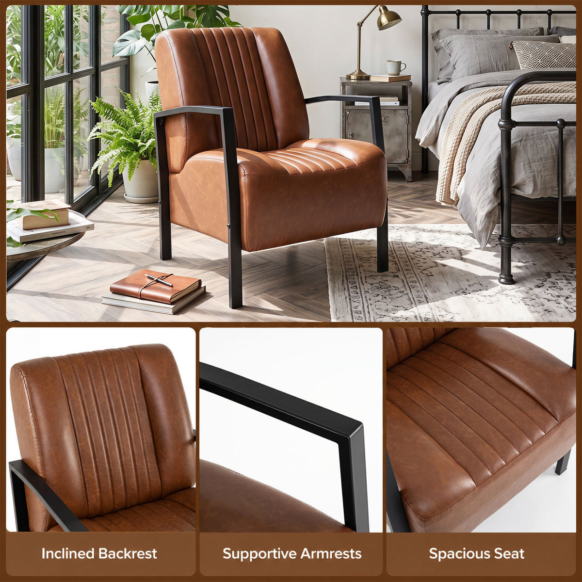 PU Leather Upholstered Armchair with Padded Seat and Back Comfy Lounge Reading Chair