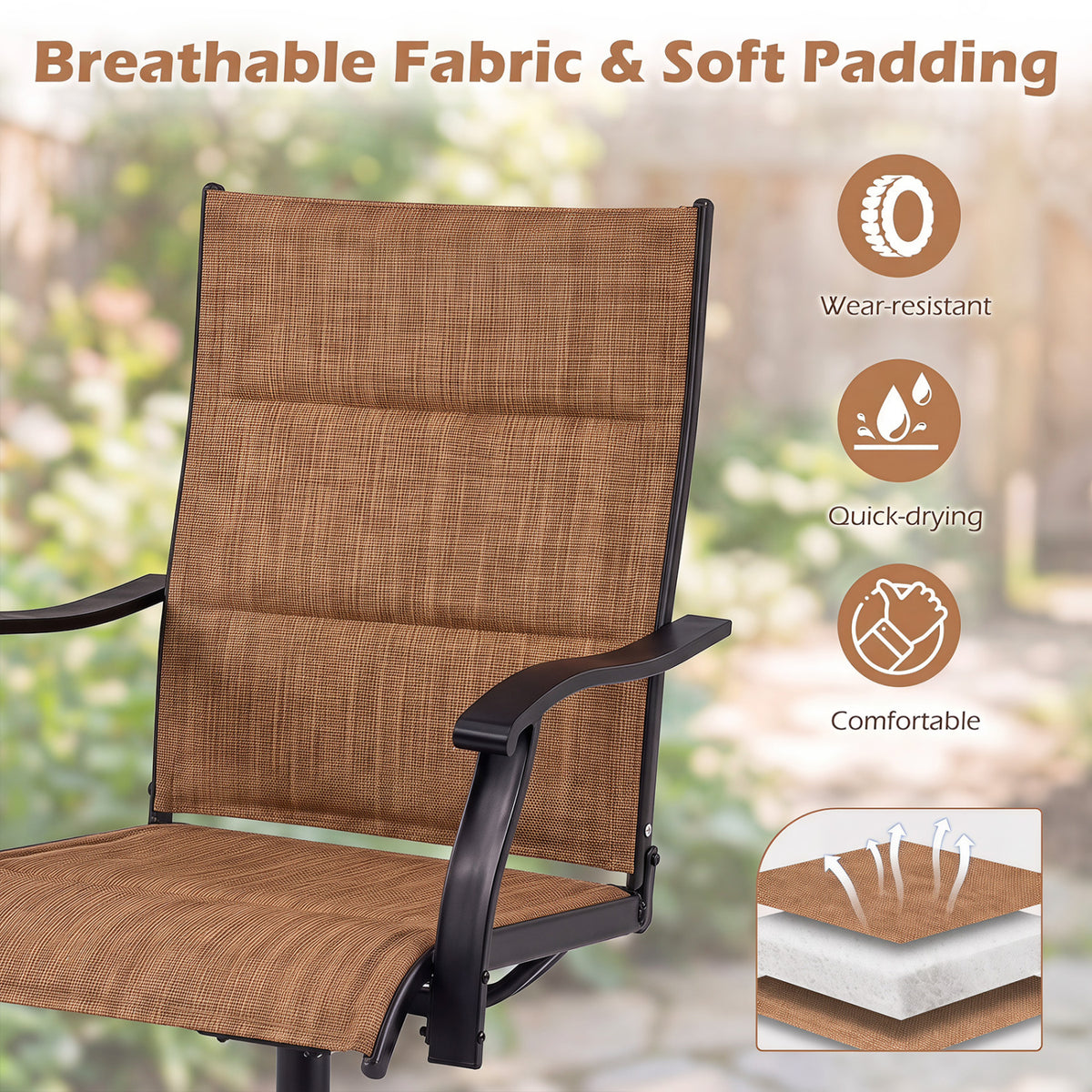 Padded Patio Swivel Chairs Set of 2 Ergonomic Outdoor Dining Chairs with Breathable Fabric