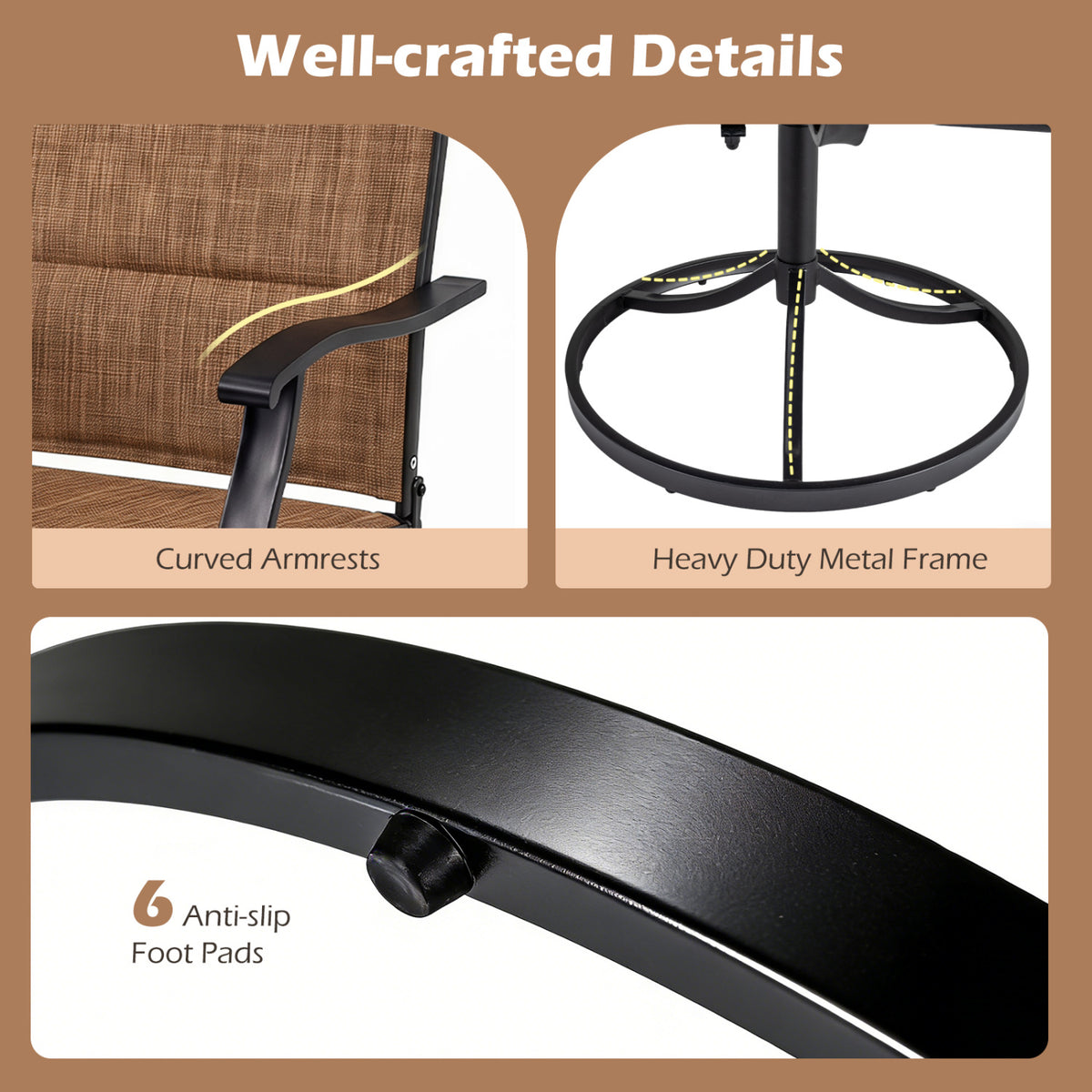 Padded Patio Swivel Chairs Set of 2 Ergonomic Outdoor Dining Chairs with Breathable Fabric