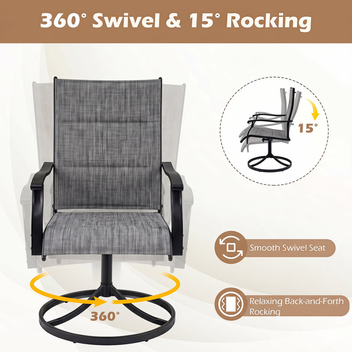 Padded Patio Swivel Chairs Set of 2 Ergonomic Outdoor Dining Chairs with Breathable Fabric