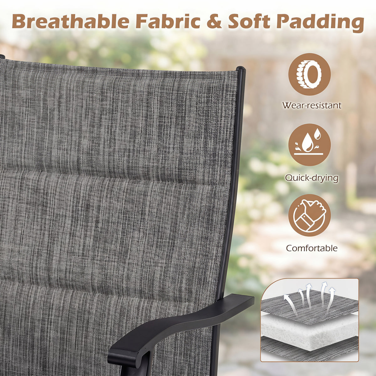 Padded Patio Swivel Chairs Set of 2 Ergonomic Outdoor Dining Chairs with Breathable Fabric