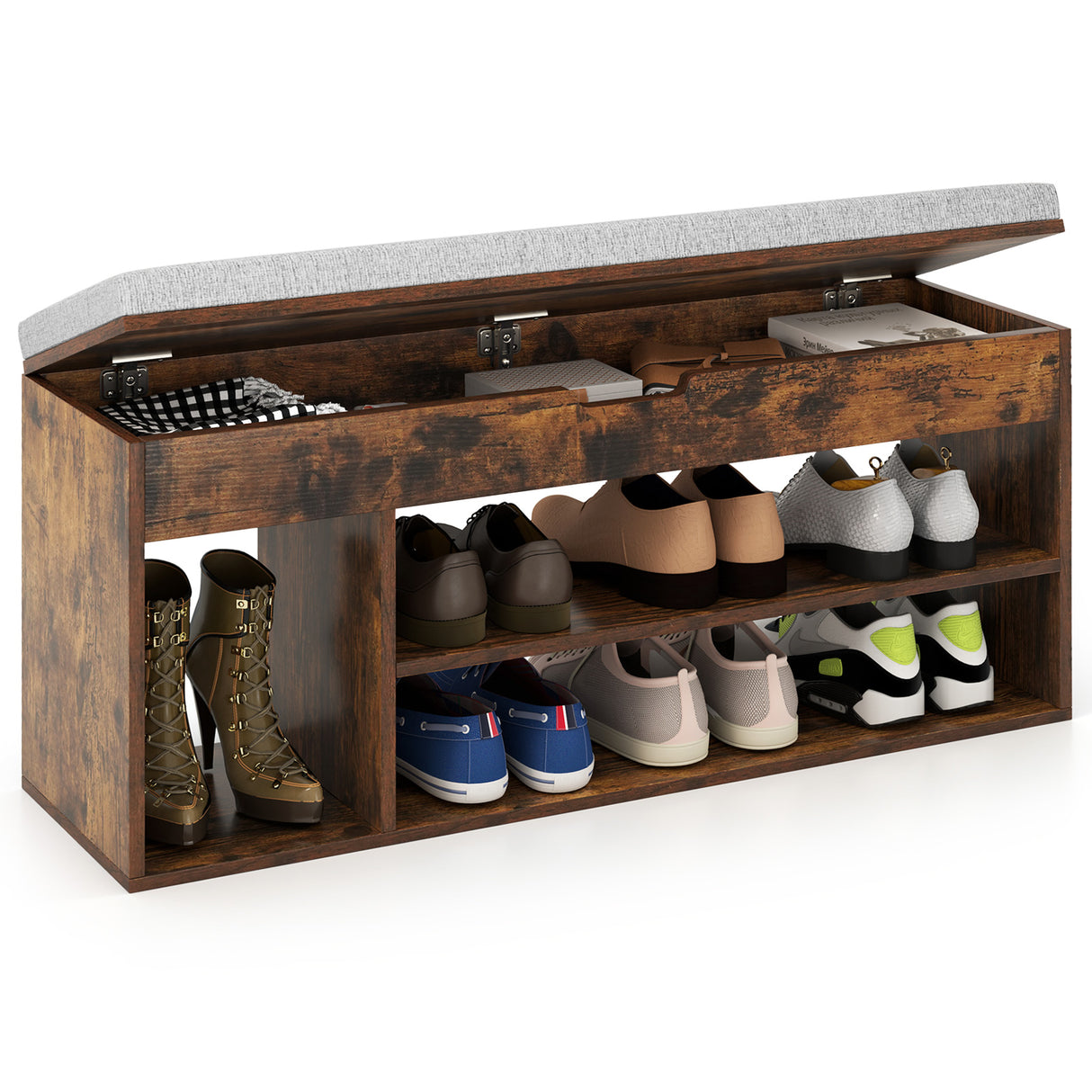 Padded Seat Shoe Bench with Hidden Storage and 3 Open Shelves
