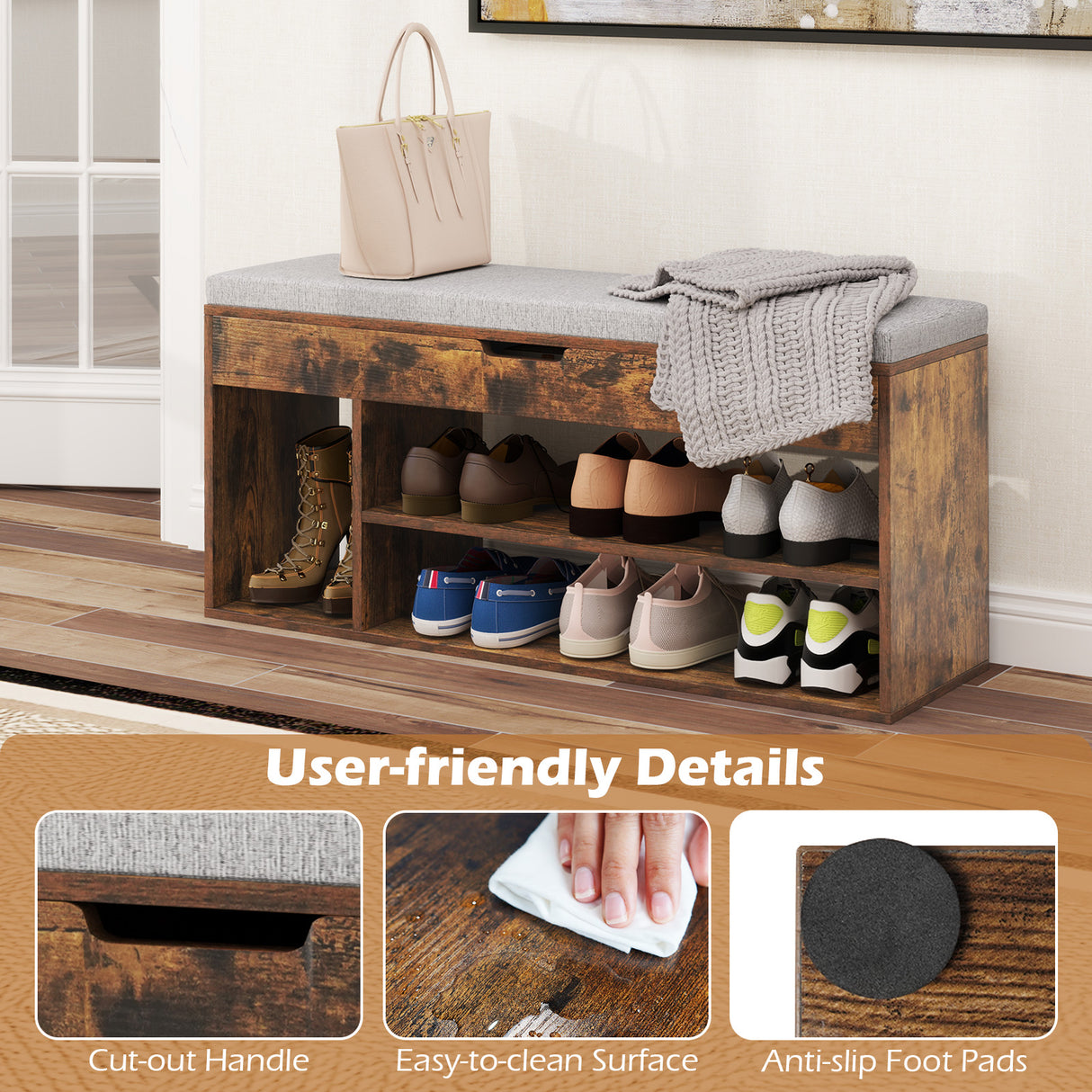 Padded Seat Shoe Bench with Hidden Storage and 3 Open Shelves