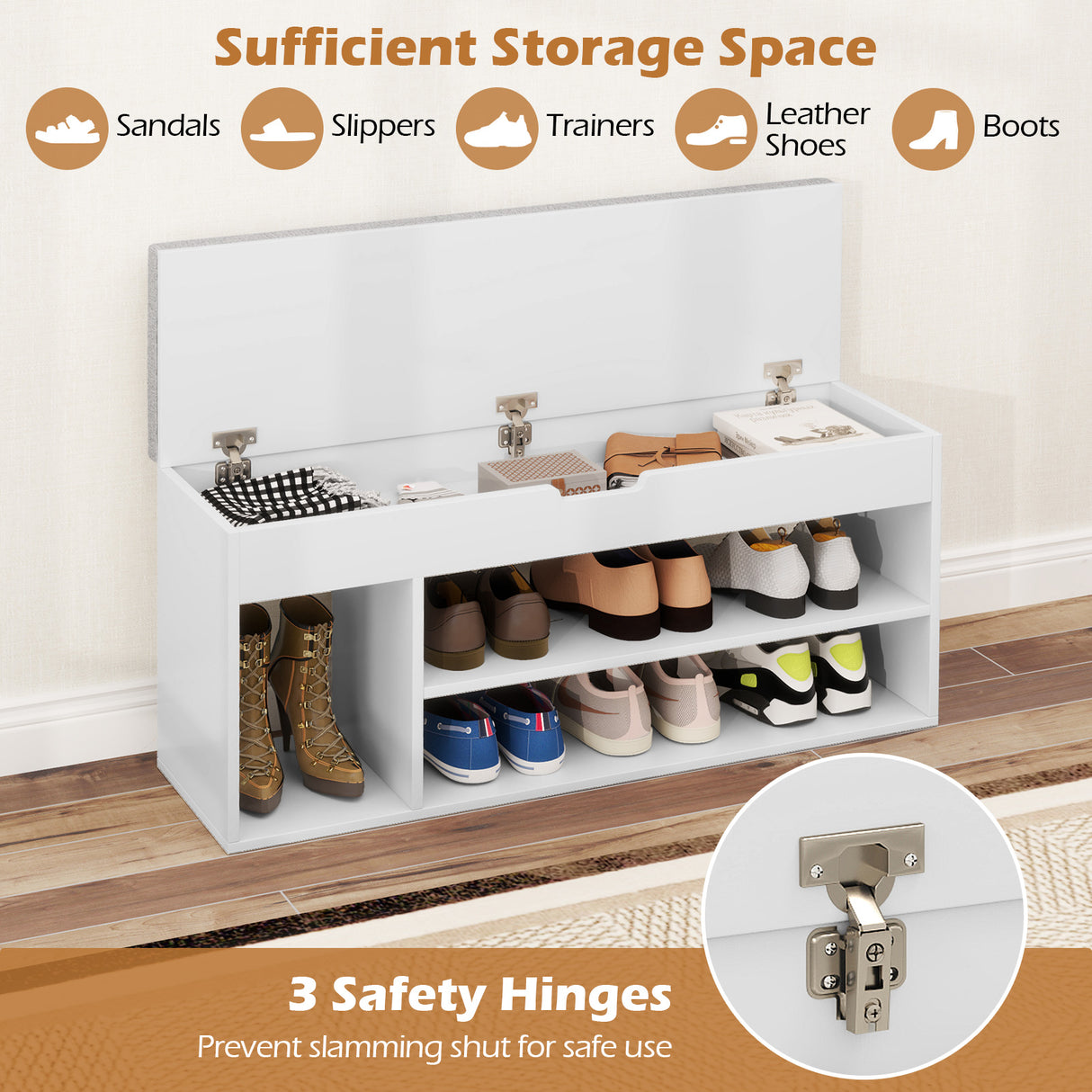 Padded Seat Shoe Bench with Hidden Storage and 3 Open Shelves