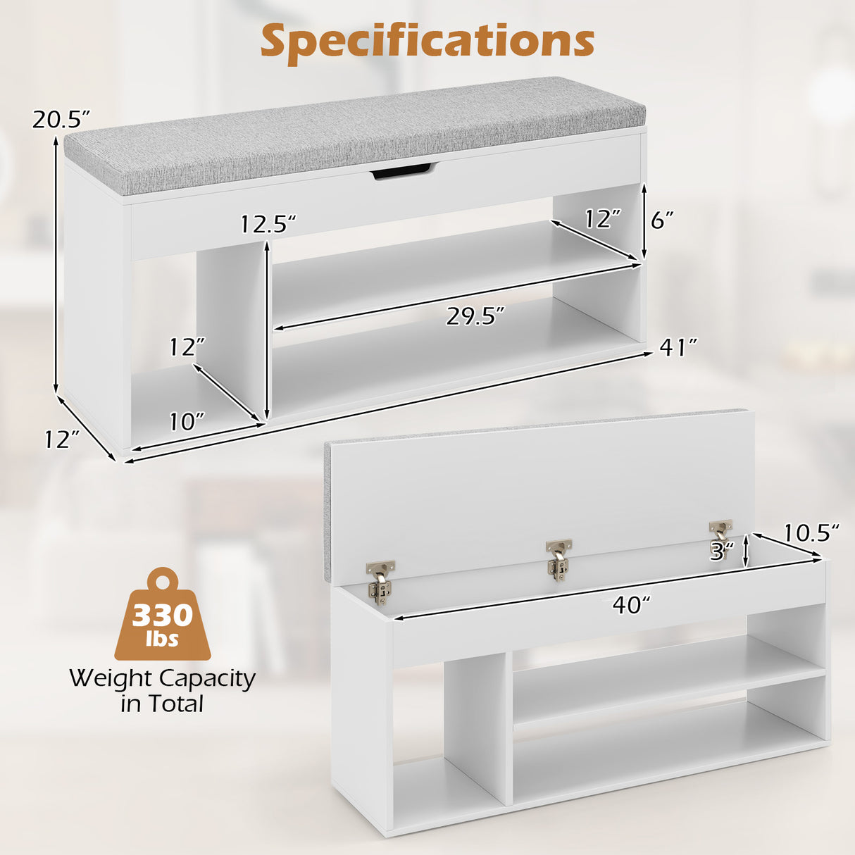 Padded Seat Shoe Bench with Hidden Storage and 3 Open Shelves