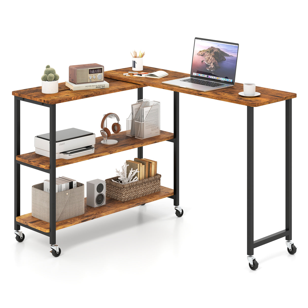 Large 360-Degree Free Rotating Sofa Side Table with Wheels and Storage Shelf