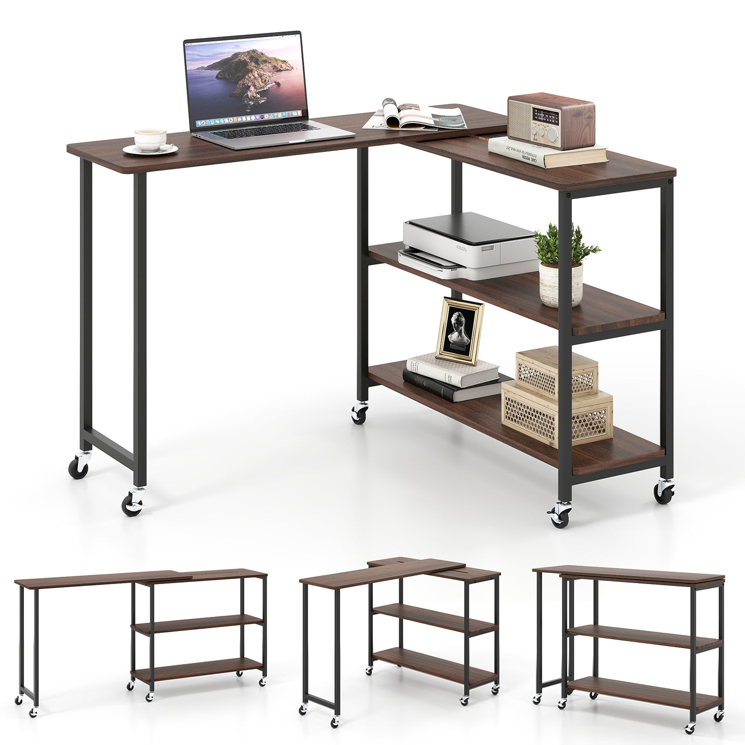 Large 360-Degree Free Rotating Sofa Side Table with Wheels and Storage Shelf