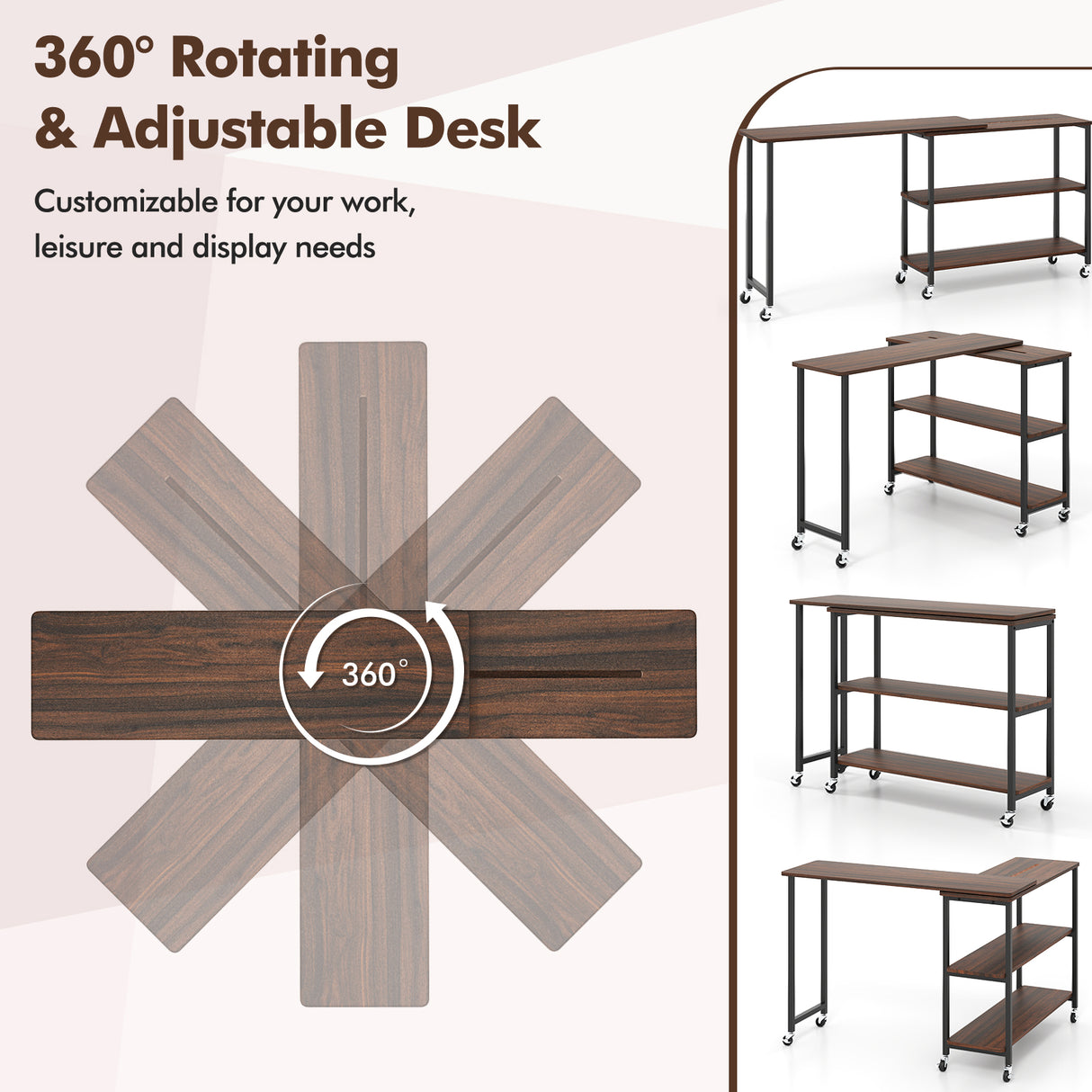 Large 360-Degree Free Rotating Sofa Side Table with Wheels and Storage Shelf