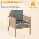 Patio Acacia Wood Chair with Woven Rope Armrests and Seat Back Cushions for Backyard