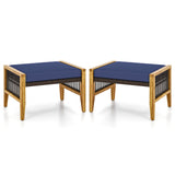Patio Acacia Wood Ottomans with Cushions and Versatile Rattan Woven Footstools-Navy