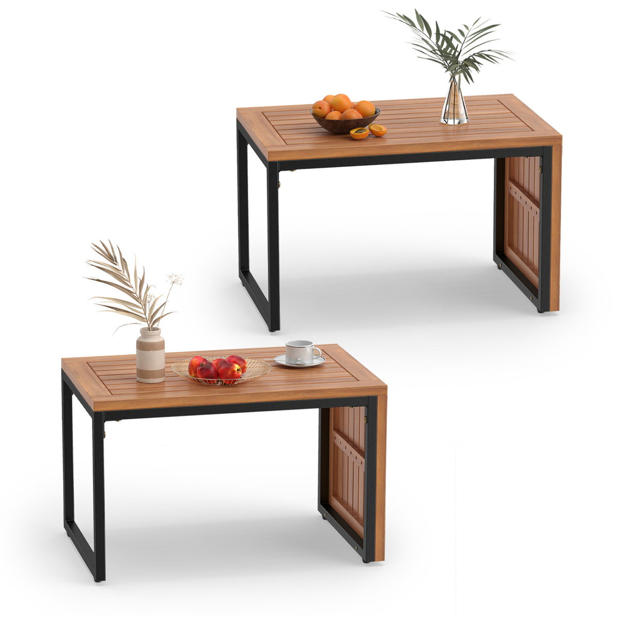 2-in-1 Convertible Patio Acacia Wood Side Table Set of 2