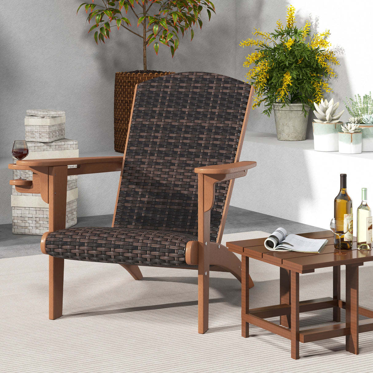 Patio Adirondack Chair with Rattan Padded Seat and Hidden Cupholder