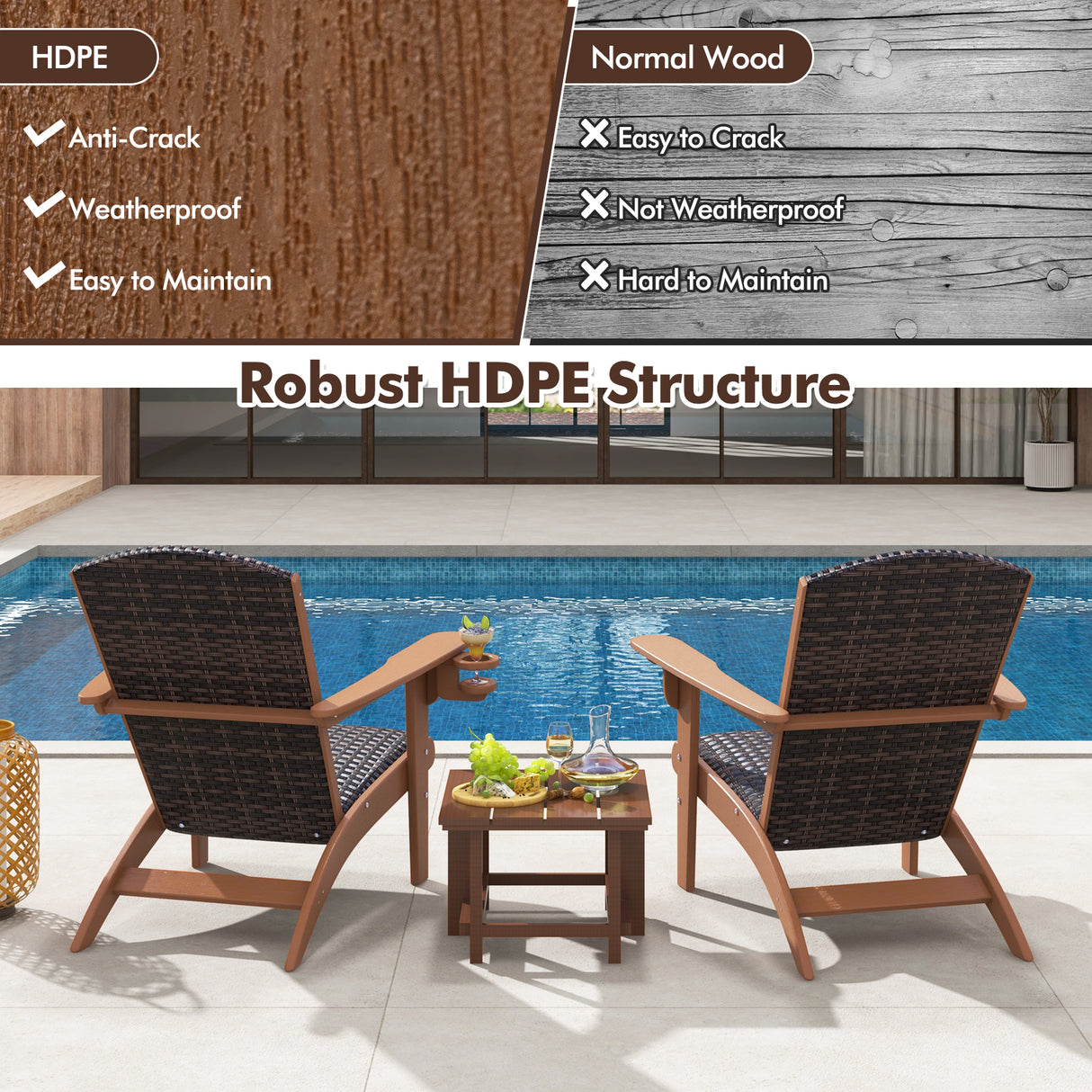Patio Adirondack Chair with Rattan Padded Seat and Hidden Cupholder