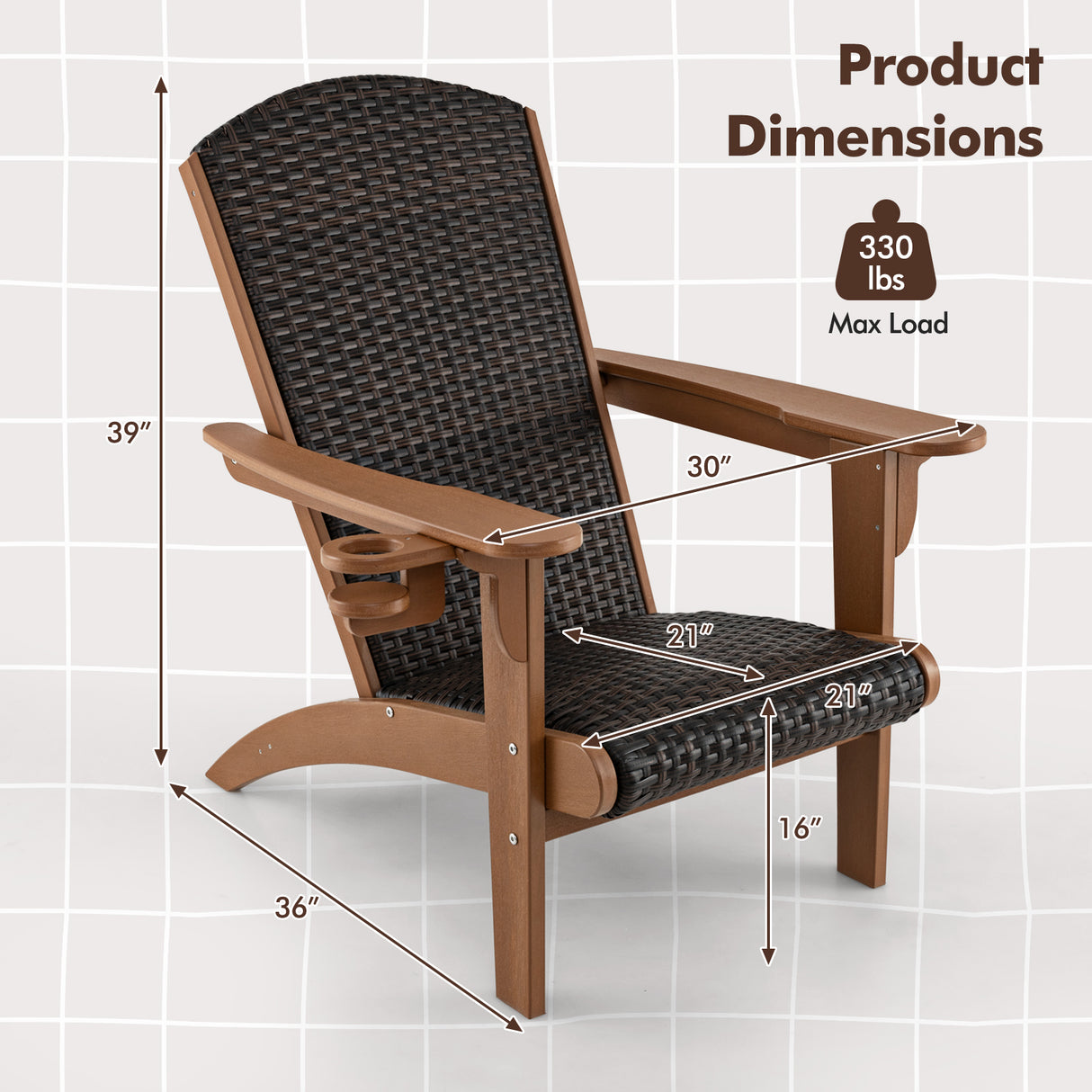 Patio Adirondack Chair with Rattan Padded Seat and Hidden Cupholder