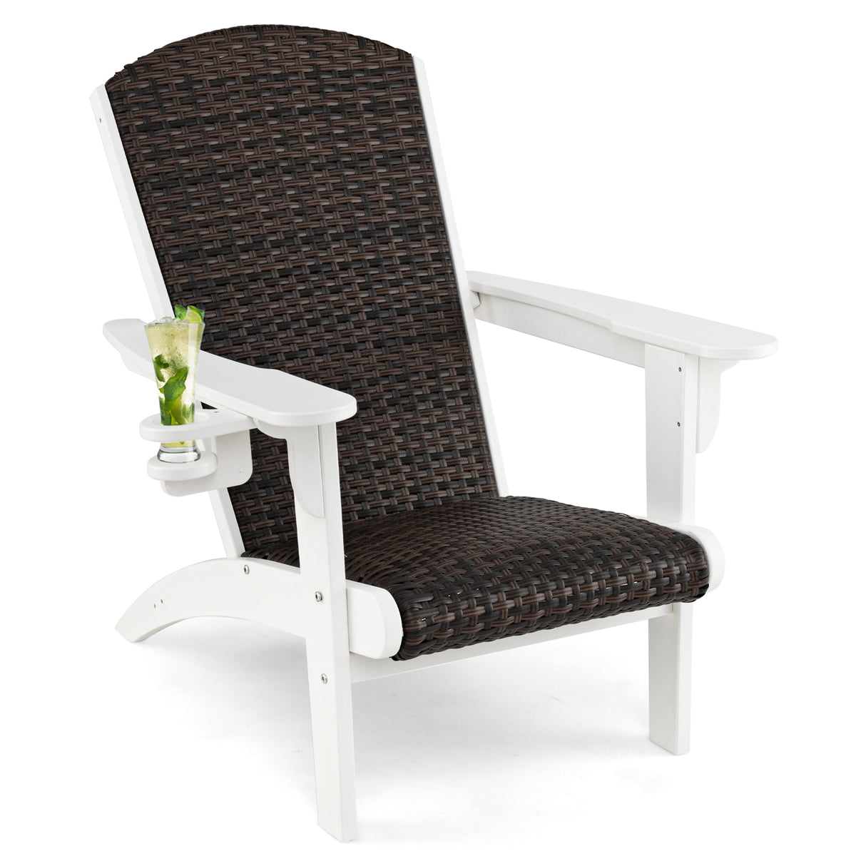 Patio Adirondack Chair with Rattan Padded Seat and Hidden Cupholder