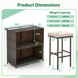 3 Pcs Patio Bar Set with Tempered Glass Tabletop-Brown