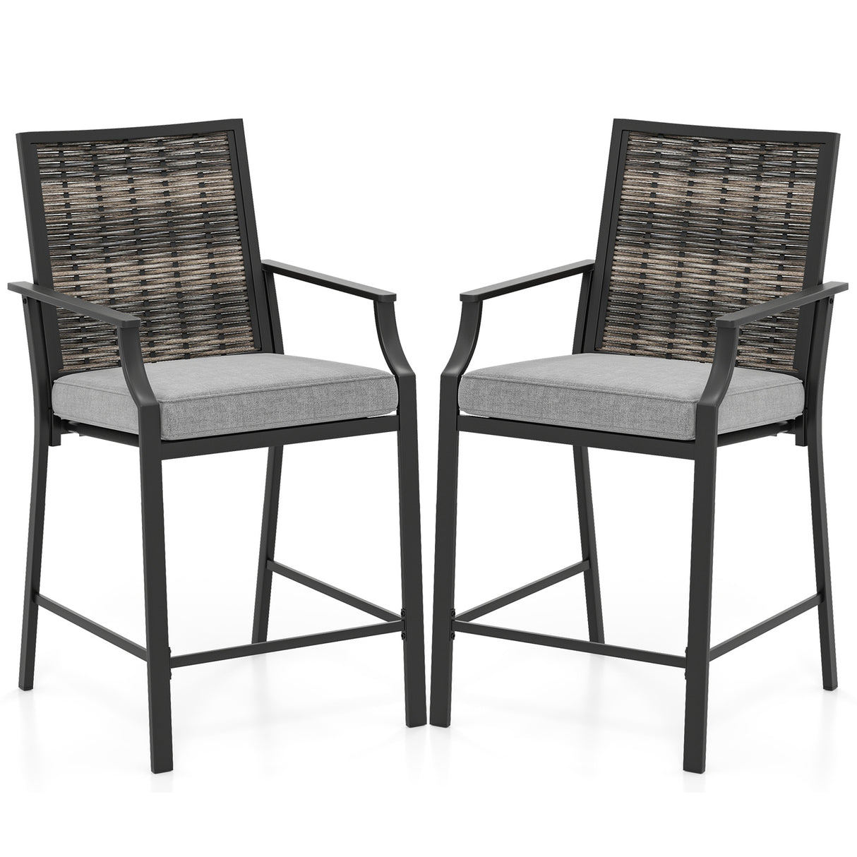 Patio Bar Stools Set of 2 Counter Height Rattan Bar Chairs with Armrest-Grey