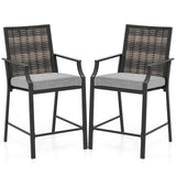 Patio Bar Stools Set of 2 Counter Height Rattan Bar Chairs with Armrest-Grey