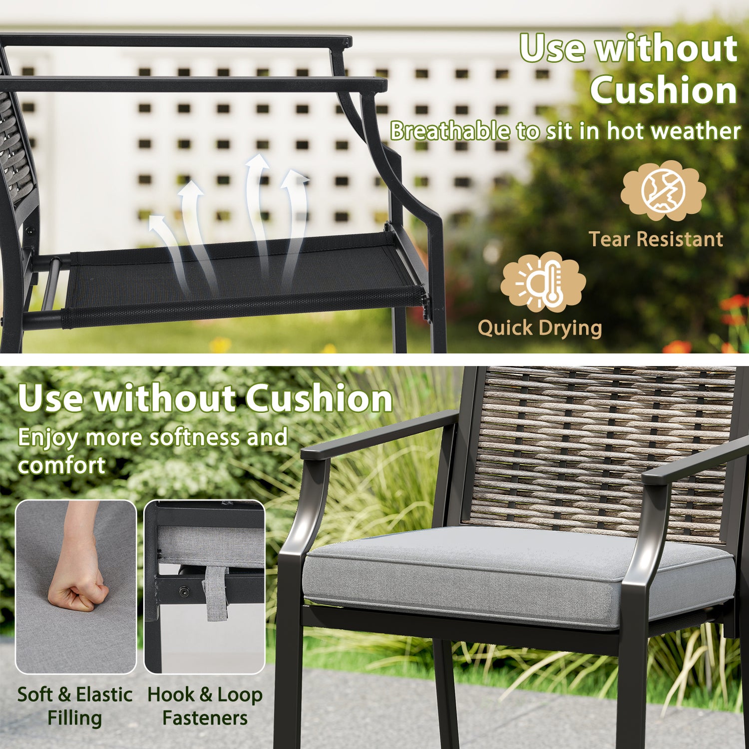 Patio Bar Stools Set of 2 Counter Height Rattan Bar Chairs with Armrest-Grey