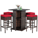 5 Pieces Patio Rattan Bar Table Stool Set Hidden Storage Shelf Cushioned