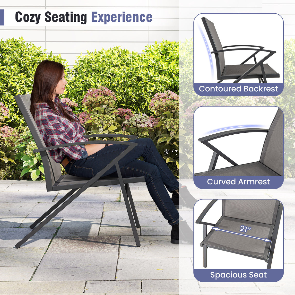Patio Chairs Set of 2 Lawn Chairs with Heavy Duty Metal Frame-Grey