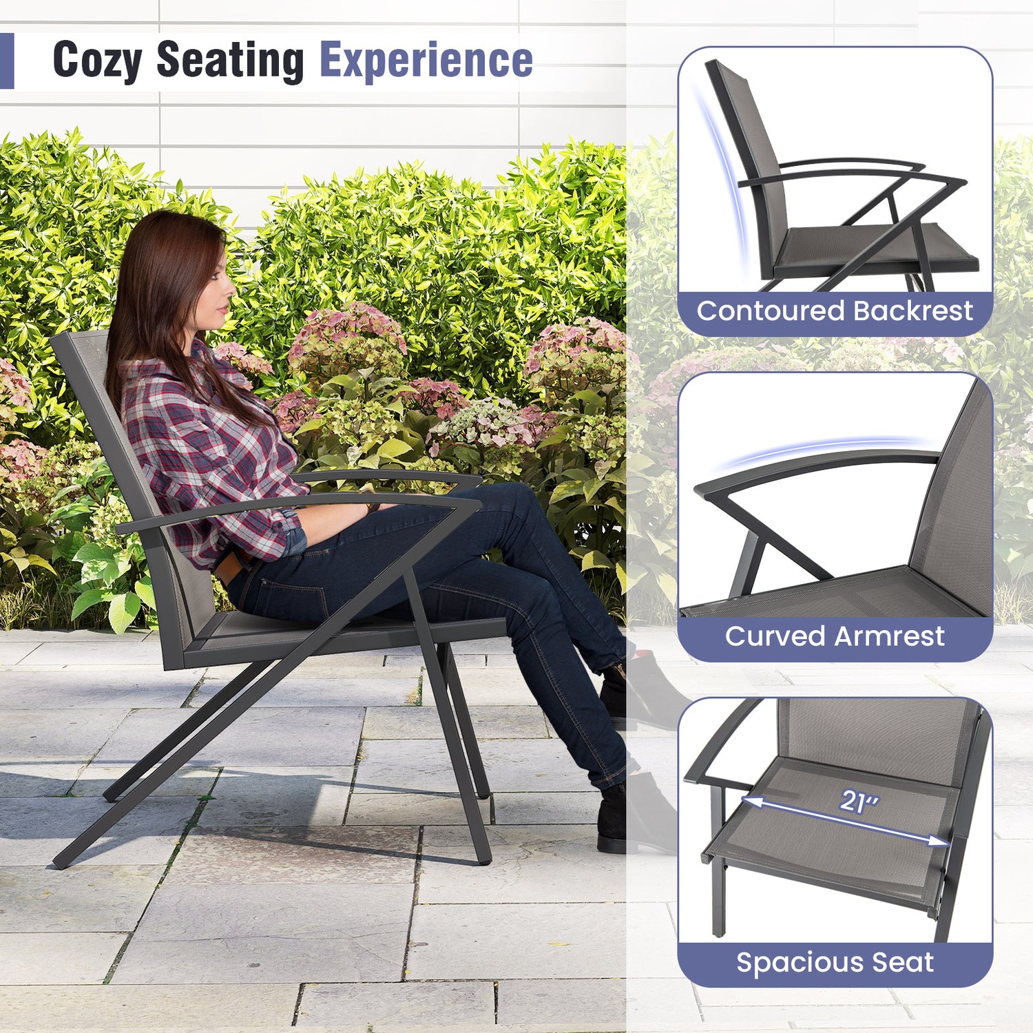 Patio Chairs Set of 2 Lawn Chairs with Heavy Duty Metal Frame-Grey