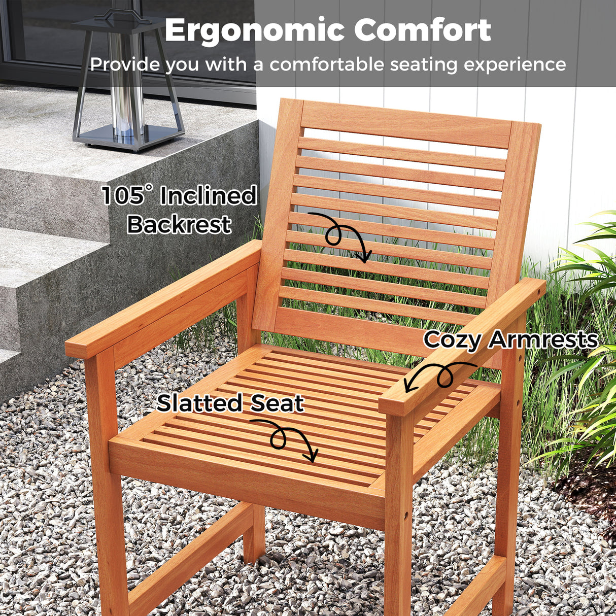 Patio Chairs Set of 2 with Inclined Backrests and Slatted Seats