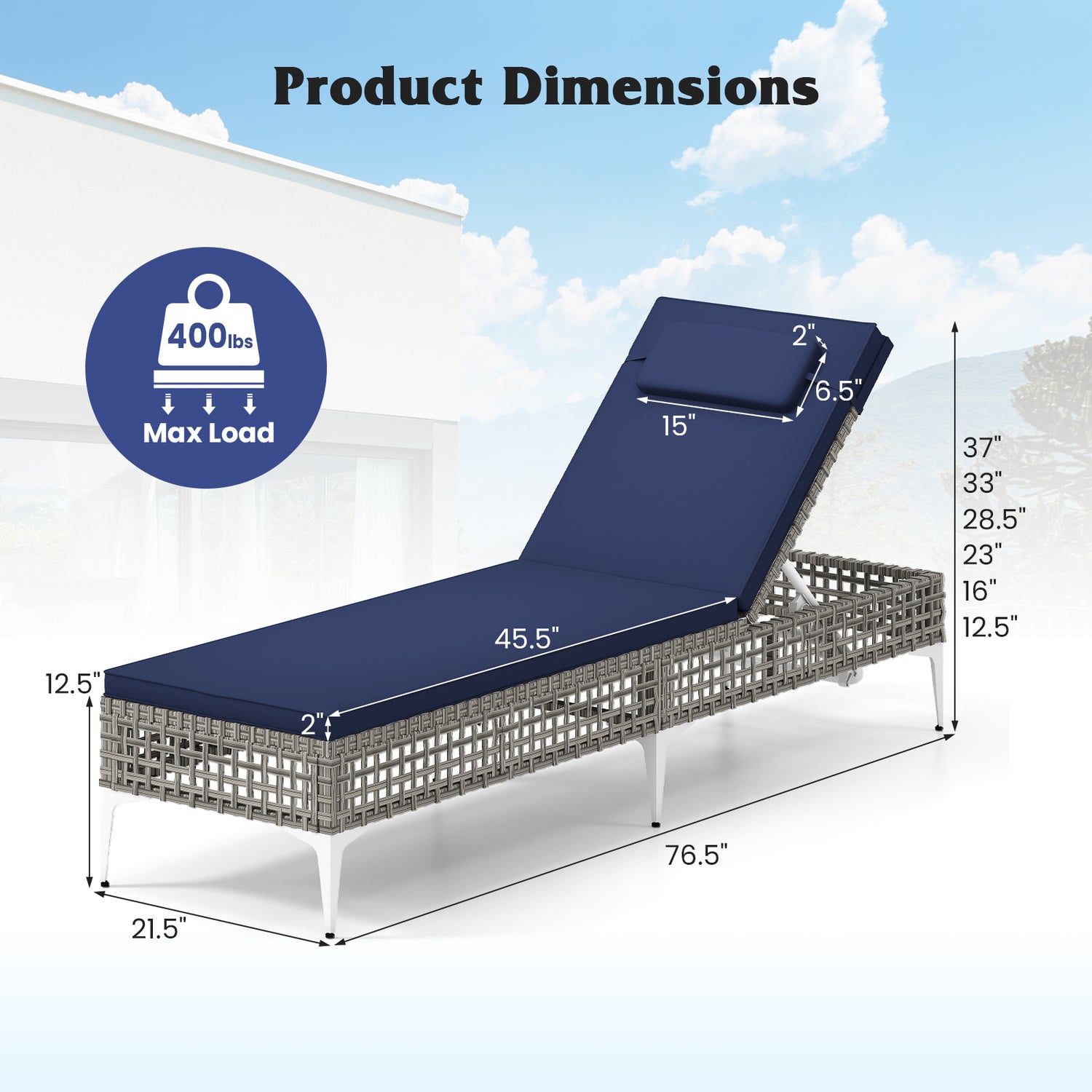 Patio Chaise Lounge Chair with 6-Level Adjustable Backrest and Headrest for Poolside-Navy