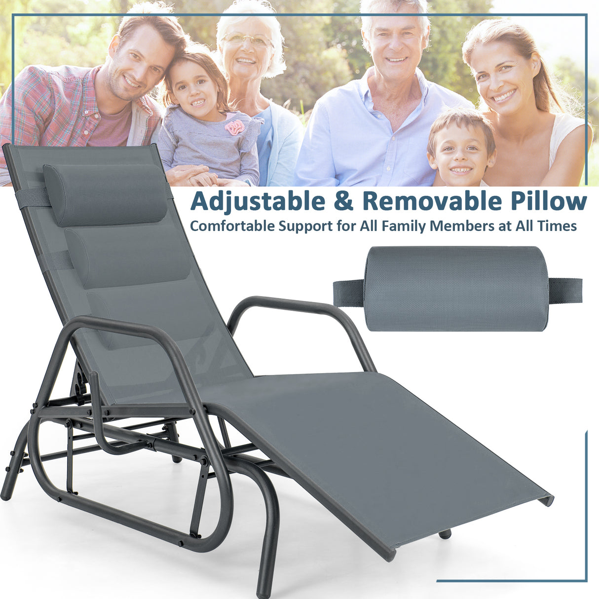 Outdoor Chaise Lounge Glider Chair with Armrests and Pillow