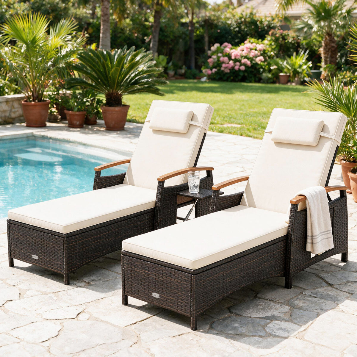 Patio Chaise Lounge with 7-Level Adjustable Backrest and Removable Cushion for Poolside-White