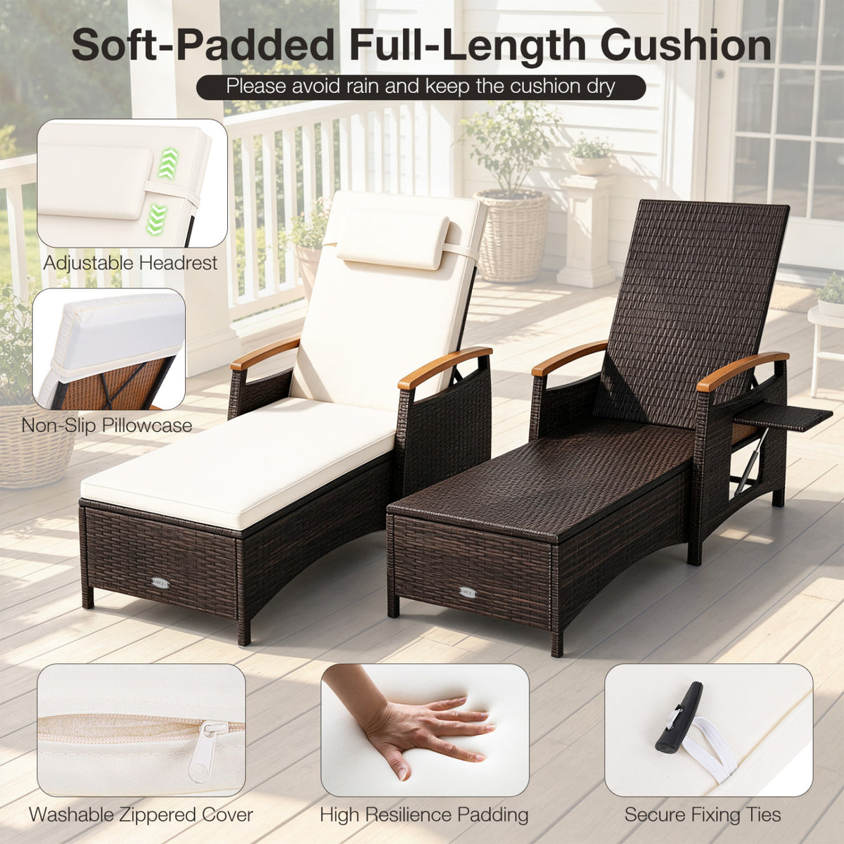 Patio Chaise Lounge with 7-Level Adjustable Backrest and Removable Cushion for Poolside-White