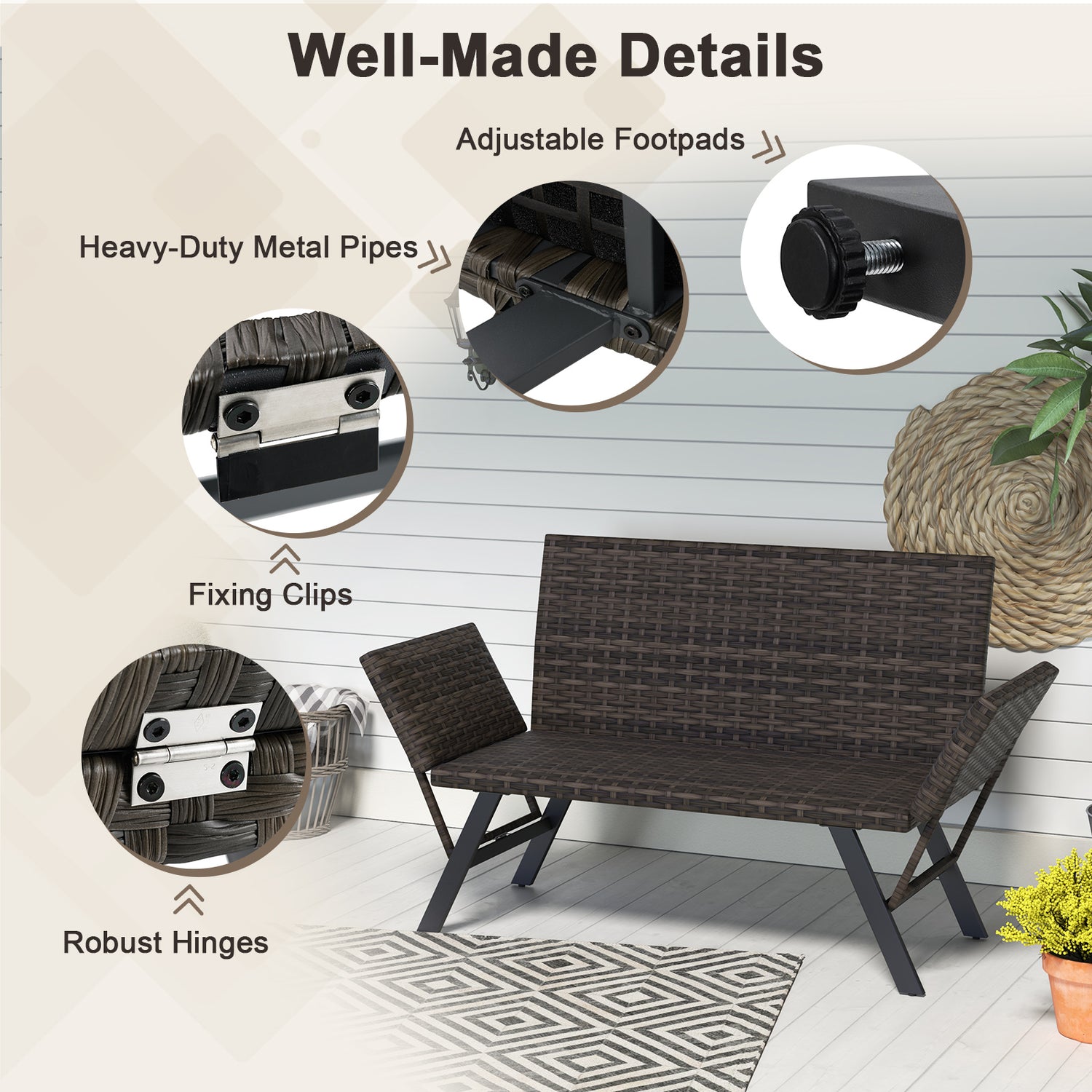 Patio Convertible Sofa for 2 Quick Dry Foam Padded Rattan with Armrests-Gray