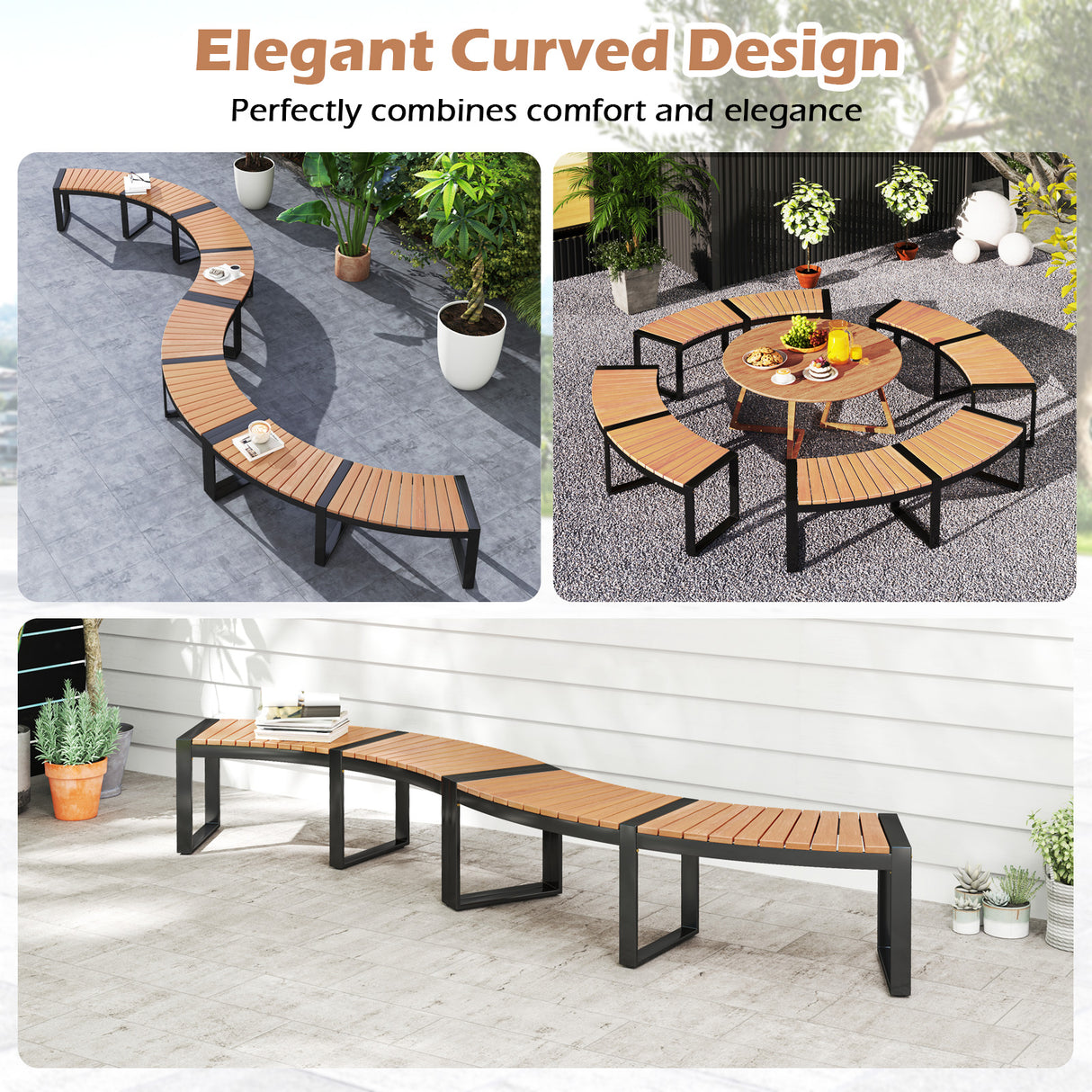 Patio Curved Bench with Slatted Seat and Metal Legs