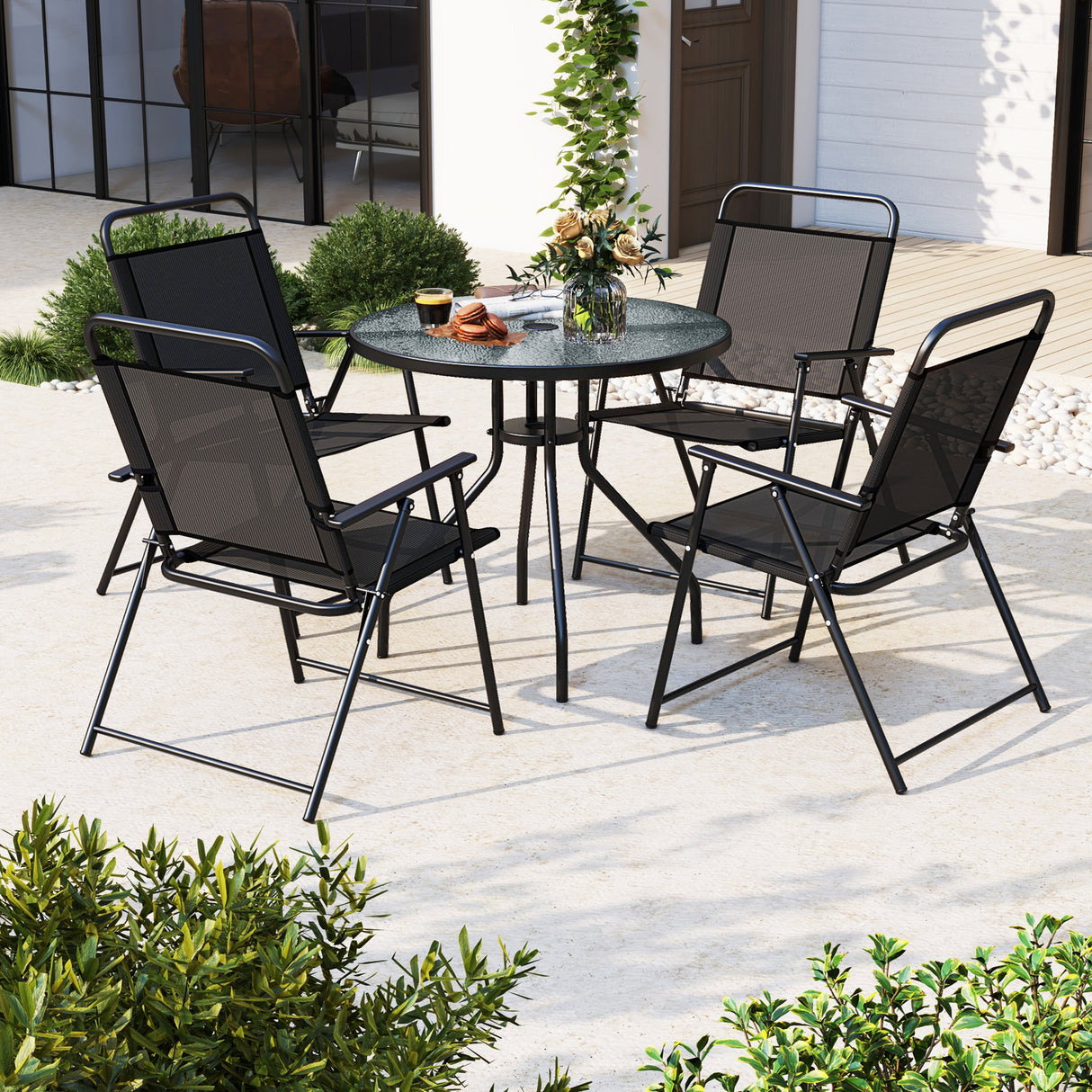 6 Pieces Patio Dining Set Folding Chairs Glass Table Tilt Umbrella for Garden