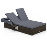 Patio Double Chaise Lounge with Shade Cushions and Folding Side Trays