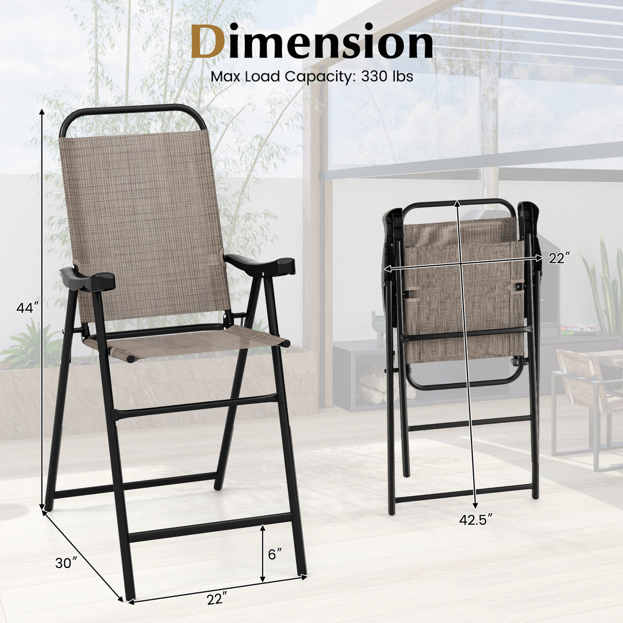 Patio Folding Bar Stool Set of 2 with Metal Frame and Footrest