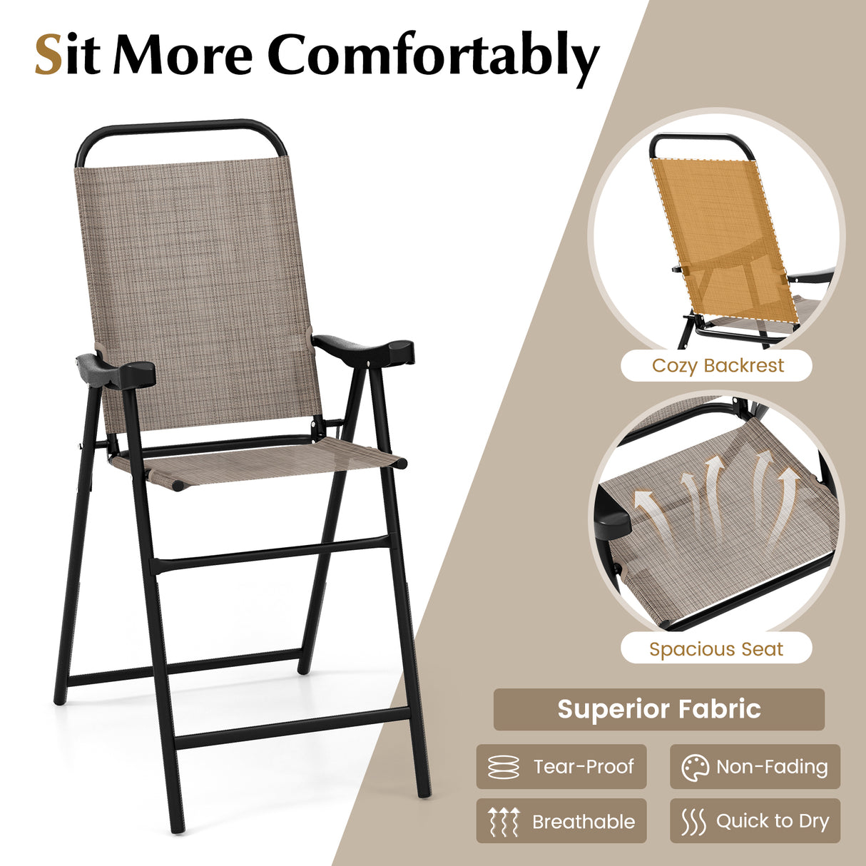 Patio Folding Bar Stool Set of 2 with Metal Frame and Footrest