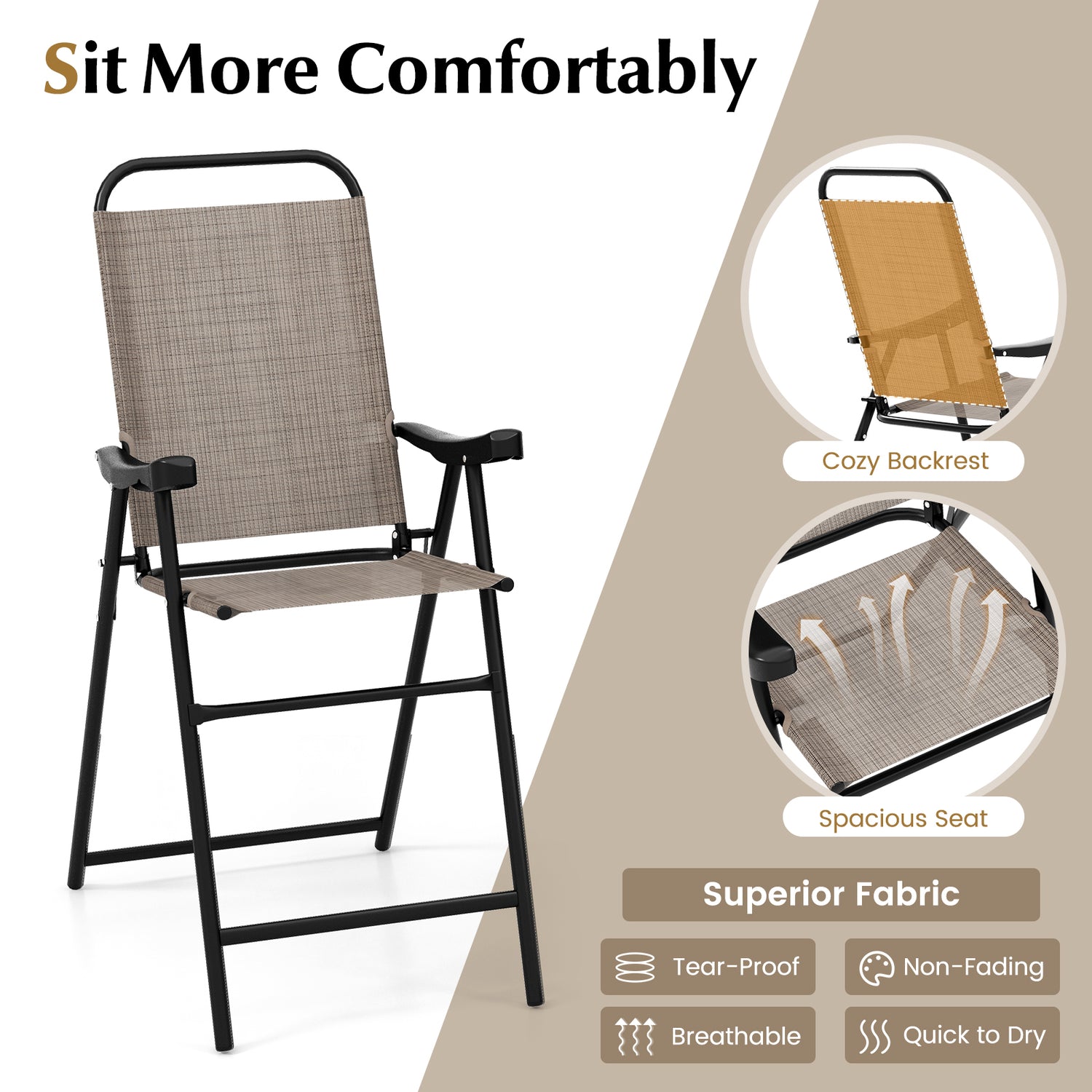Patio Folding Bar Stool Set of 2 with Metal Frame and Footrest