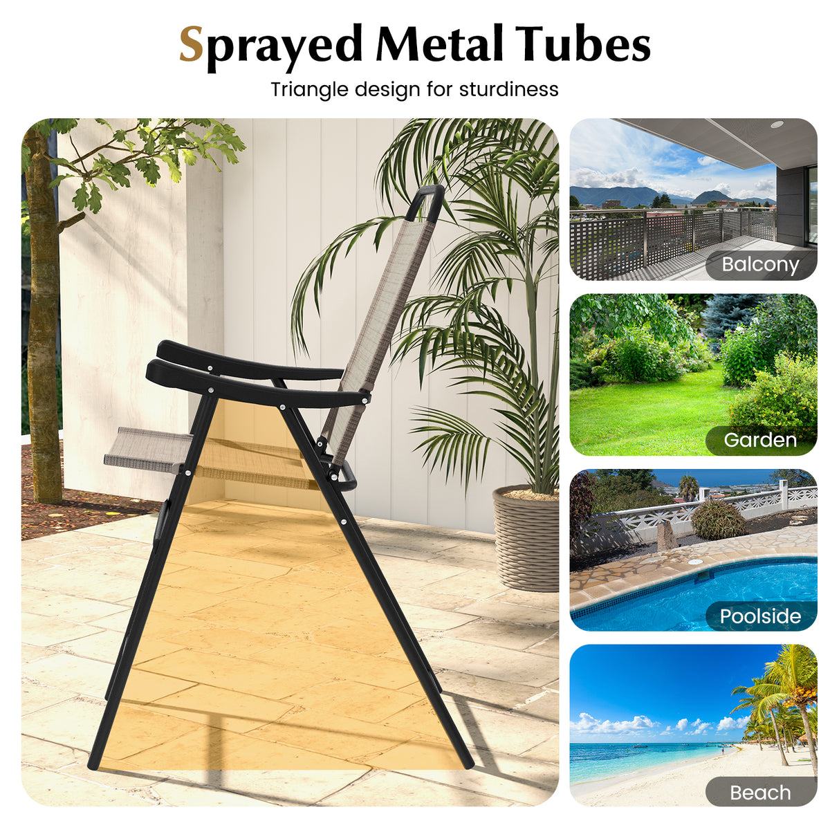 Patio Folding Bar Stool Set of 4 with Metal Frame and Footrest