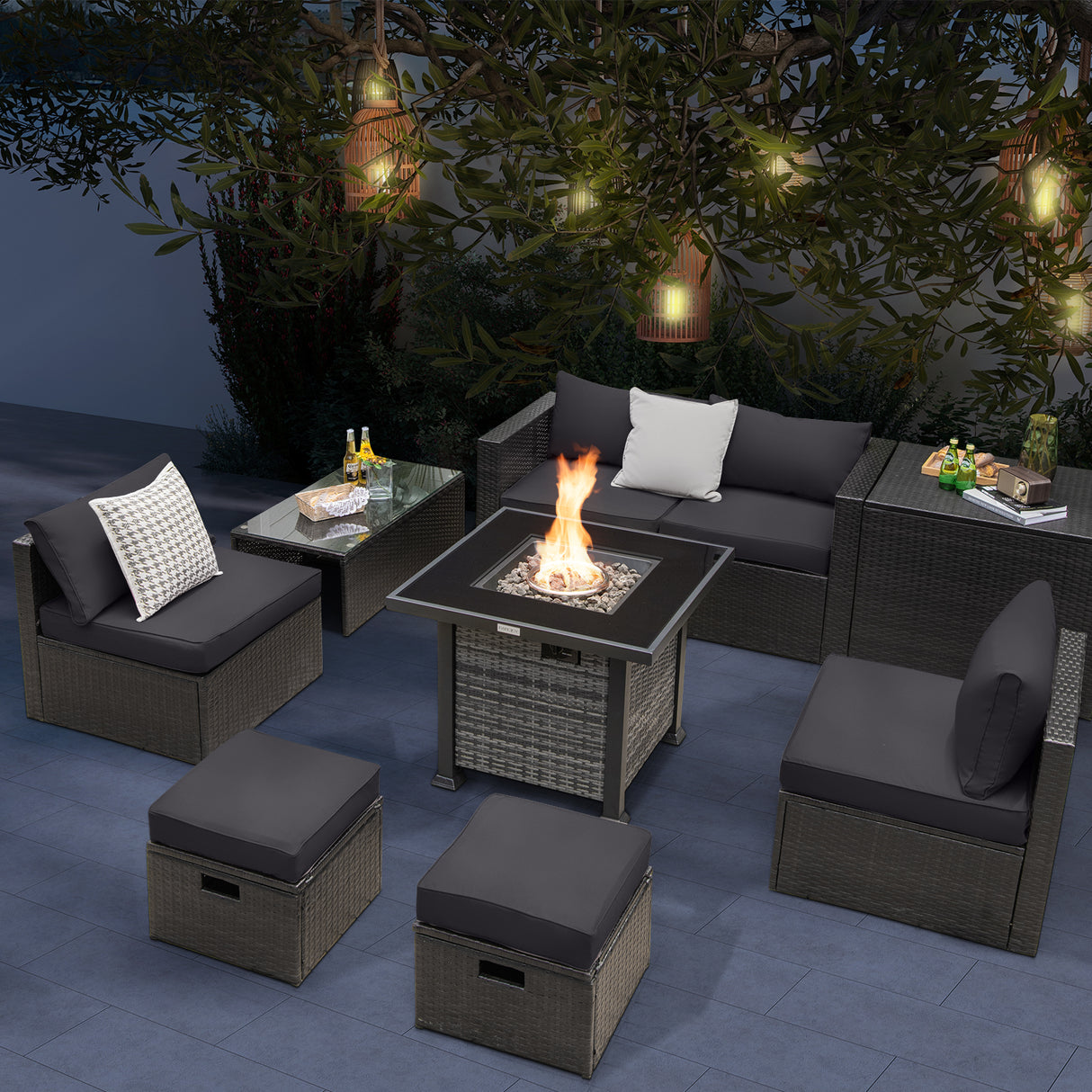 Outdoor 9 Pieces Patio Furniture Set with 50 000 BTU Propane Fire Pit Table
