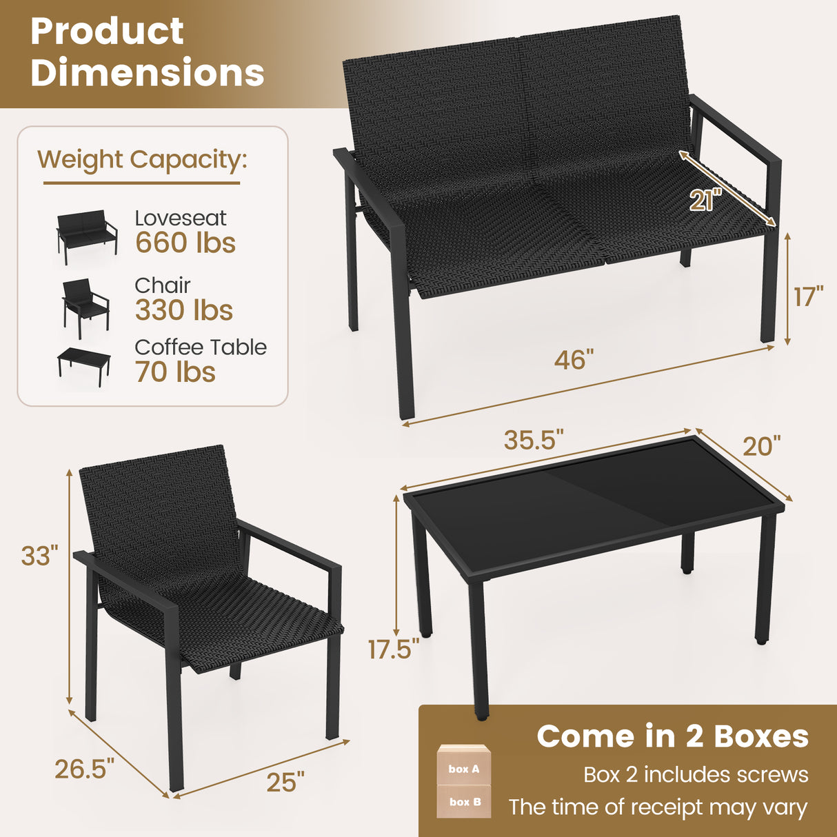 4 Pieces Patio Furniture Set with Heavy Duty Galvanized Metal Frame