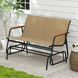 Patio Glider Bench with Curved Teak Armrests and Breathable Fabric Seat for 2 People