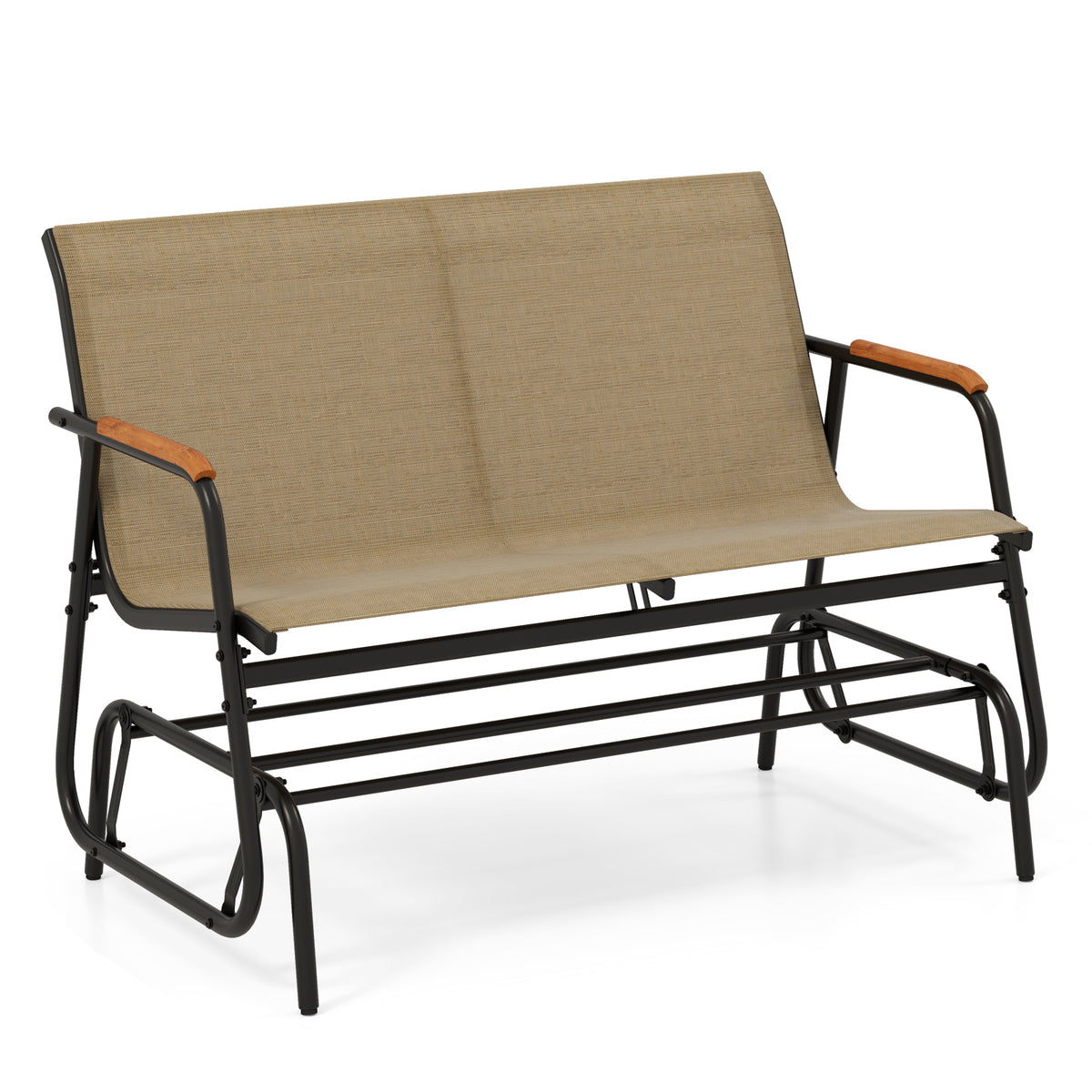 Patio Glider Bench with Curved Teak Armrests and Breathable Fabric Seat for 2 People