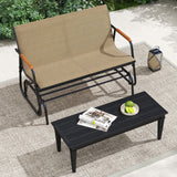 Patio Glider Bench with Curved Teak Armrests and Breathable Fabric Seat for 2 People
