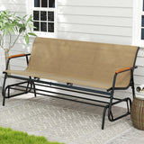 Patio Glider Bench with Curved Teak Armrests and Breathable Fabric Seat for 3 People-Brown