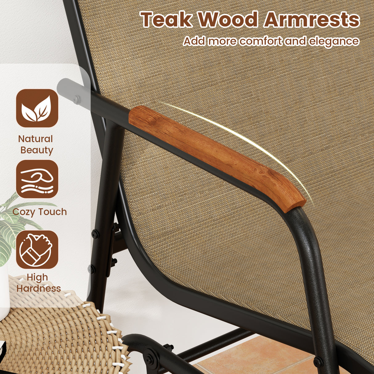 Patio Glider Bench with Curved Teak Armrests and Breathable Fabric Seat for 3 People-Brown